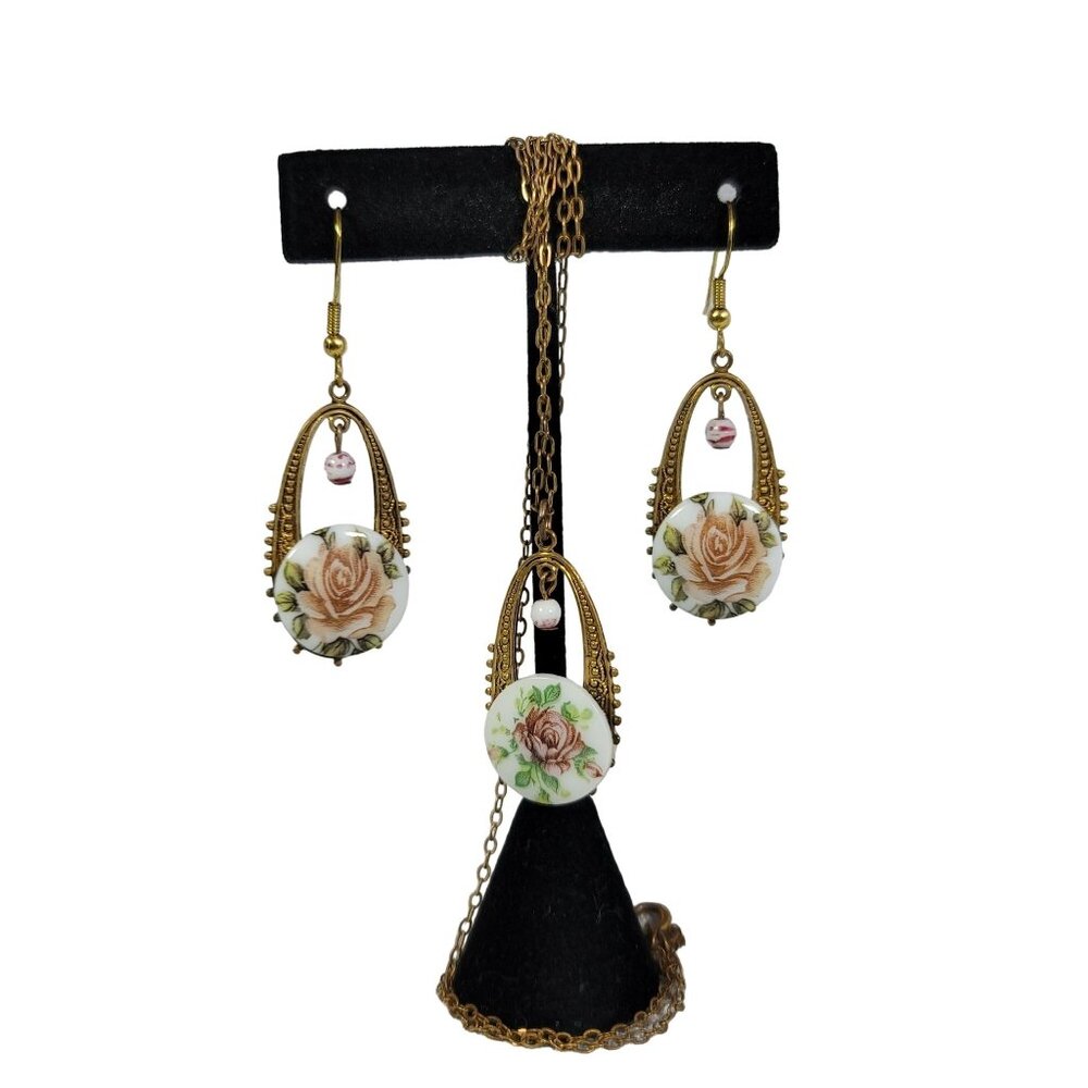 Unsigned Vintage Earrings & Necklace Set Cameo Pink Rose Porcelain Victorian